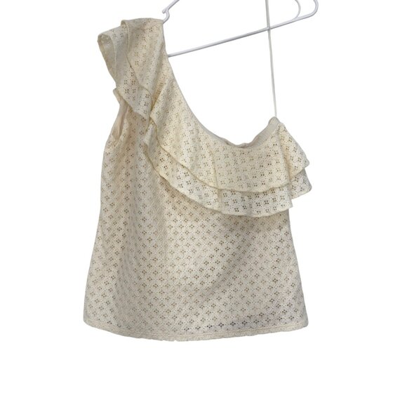 Banana Republic One-Shoulder Ivory Eyelet Ruffle Blouse Women SZ M Cotton Blend - Picture 9 of 9